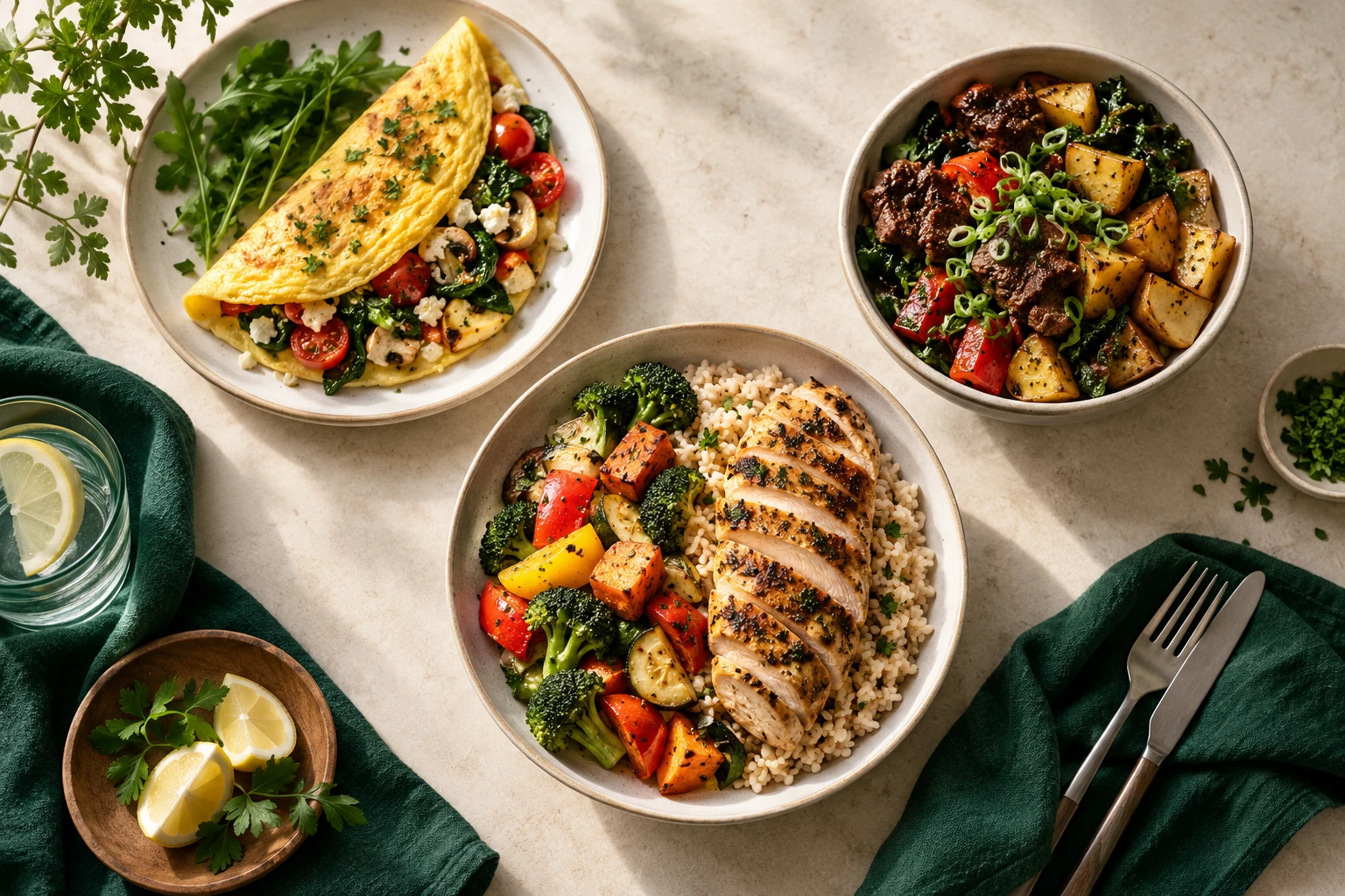 Freshly prepared omelet, chicken, and beef meals